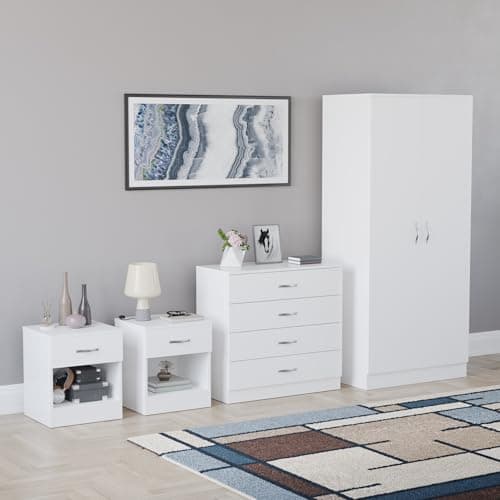 Image of Vida Designs Riano 4 Piece Bedroom Set - 1 Drawer Bedside Chest, 4 Drawer Chest, 2 Door Wardrobe - White