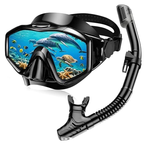 Image of Snorkel Set Adults, Anti-Fog Panoramic Scuba Snorkelling Packages with Dry-Top Snorkel & Swimming Goggles for Diving, Swimming & Snorkeling (Black)