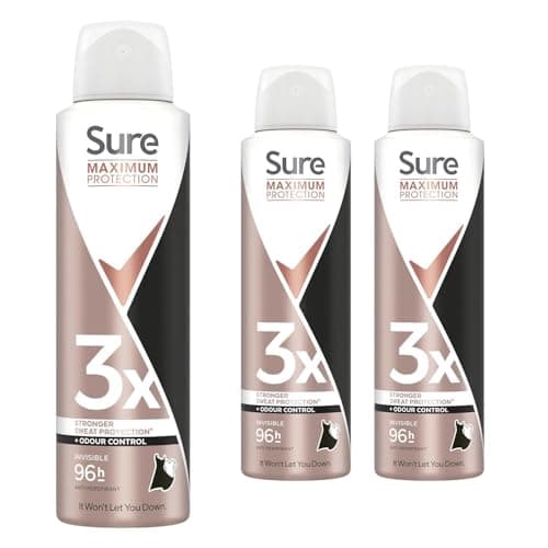 Image of Sure Maximum Protection Anti Perspirant Deodorant Spray Inivisible, Pack of 3, Deodorant for Women 96-Hour Odour and Sweat Protection with Anti-White Mark and Yellow Stain Formula, 150ml