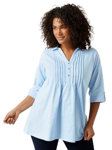 Image of EVANS Curve Pintuck Henley Top - Women's - Plus Size Curve Light Blue