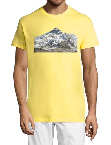 Image of Snow-Covered Mountain Peak Landscape Crew Neck Cotton Men's T-Shirt Yellow Large