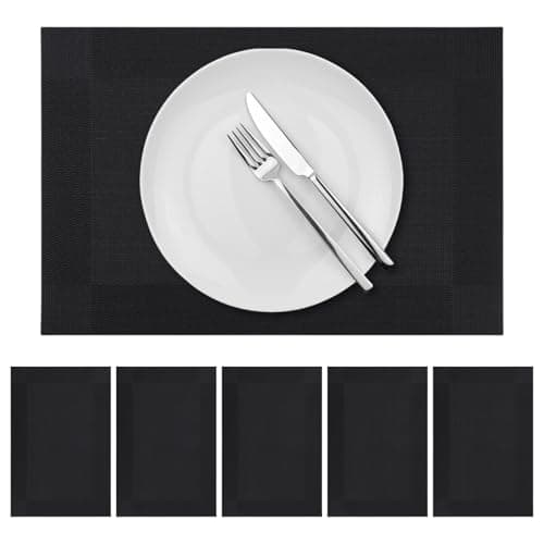 Image of marysgift Black Placemats Elegant Place Mat Heat Resistant Set of 6 Vinyl Washable and Wipeable for Dining Table Restaurant Wedding 17.7" x 11.8" (45cm x 30cm),Black