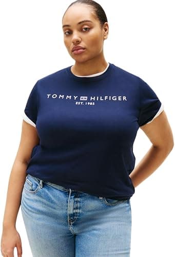Image of Tommy Hilfiger Women's Curve Regular Fit Round Neck Short Sleeve Logo T-Shirt, Blue (Dark Night Navy), 18