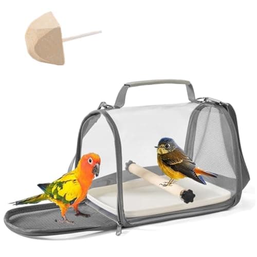 Image of Bird Carrier Bag, Bird Transport Box, Fully Transparent, 19 x 26 x 19 cm, Portable Bird Carrier with Plastic Bowl, Wooden Pole, Travel Cage for Small Pets, 1 Molar Stone (Grey)