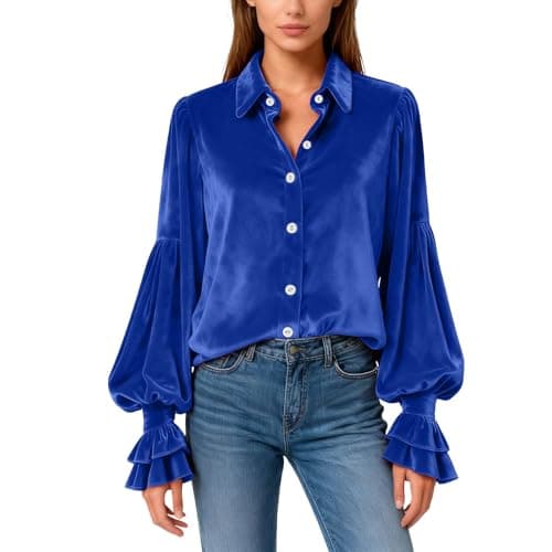 Image of Velvet Tops for Women Button Down Shirts Vintage Long Bell Sleeve T Shirts Renaissance Tops Fashion Elegant Blouse Blue L