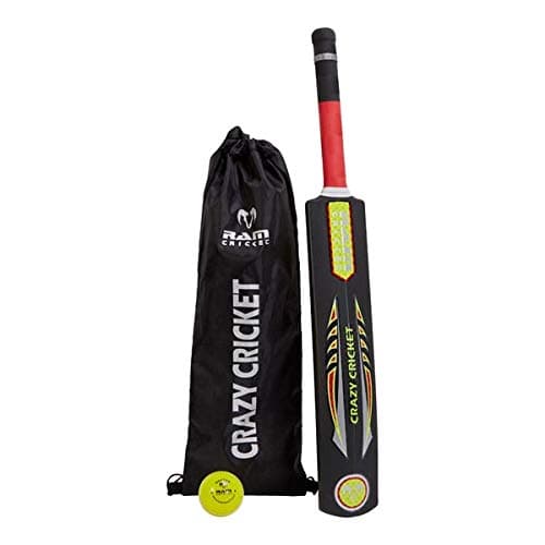 Image of Ram Cricket Crazy Cricket Bat and Ball Set - Durable Plastic Construction with Powerful Hitting Zone – Available in Sizes 6, 4, 2, 0 & Embossed Seamed Softee ball Suitable for Garden, Beach or Park