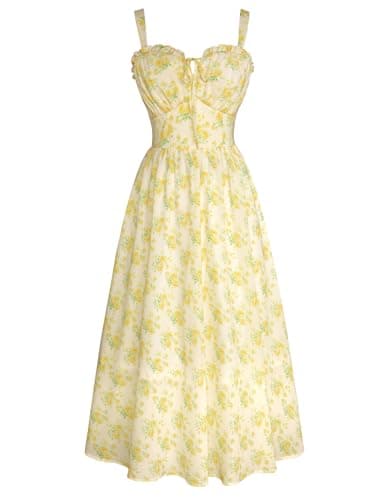 Image of SCARLET DARKNESS Women's Casual Dresses Elegant Boho Floral Midi Sundress Sweetheart Neck Sleeveless Yellow Beach Dress for Wedding Holiday M