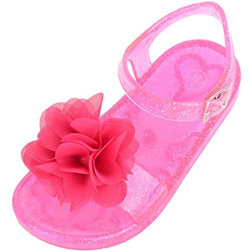 Image of ABSOLUTE FOOTWEAR Kids Floral Glitter Summer Buckled Jelly Shoes Sandals, Fuchsia, UK Infant 5 / EU 23