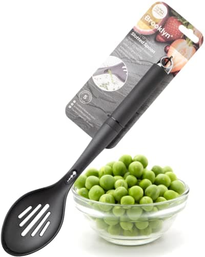 Image of Nylon Head Slotted Spoon Utensil - Non-Scratch for Non-Stick Pans, Heat Resistant, Ergonomic Soft Grip Handle, Built in Herb Stripper, Steel Hanging Hook. 2 in 1 Kitchen Tool. 5 Year Guarantee