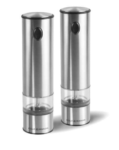 Image of Cole & Mason Battersea Electric Salt and Pepper Mills, Adjustable Ceramic Grind Mechanism Stainless Steel/Acrylic, 210 mm, Gift Set, Includes 2 x Electric Salt and Pepper Grinders