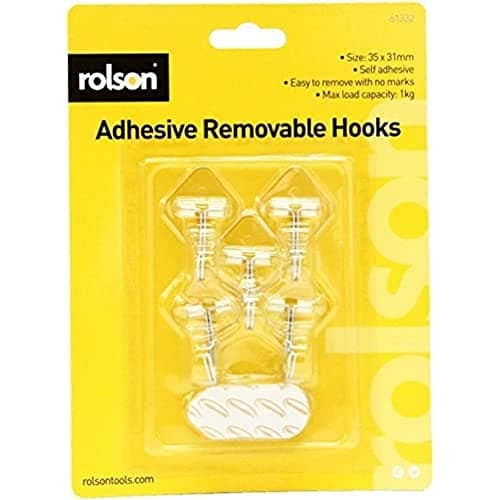 Image of Rolson 61332 5 pc 35 x 11 mm Removable Adhesive Metal Hooks