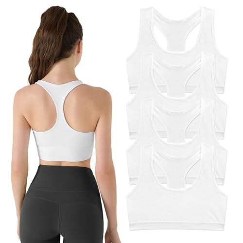 Image of MADGININE 4 PCS Crop Tops for Girls,White Sports Bra,Girls Sports Bra Cotton Tank Top for Adolescent Aged 9-14 Unpadded Wireless (White)