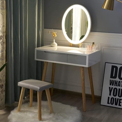 Image of YOURLITE Dressing Table with LED Lights Mirror - White Vanity Makeup Table Set with Adjustable Brightness Mirror, Cushioned Stool and Free Make-up Organizer (White+Grey+Oval Mirror)