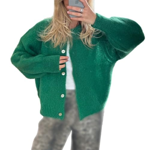 Image of Geagodelia Women's Cropped Cardigan Long Sleeve Sweater Jumper Ladies Knitted Jacket Y2K Fashion Button Down Crochet Top Streetwear Autumn Spring (Green, M)