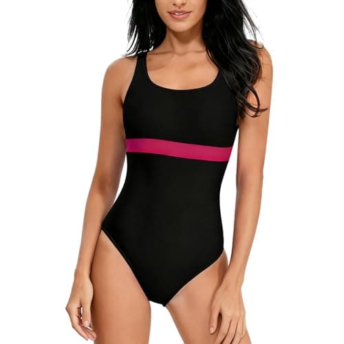 Image of LXEASYGO Womens Swimming Costumes One Piece Backless Swimsuit Ladies Splicing Striped Sports Swimwear with Removable Foam Cups