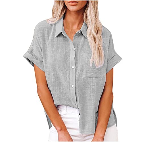 Image of HAOLEI Ladies Linen Tops - Womens Cotton Linen Shirts UK Elegant Classic Oversized Tee Shirts Button Down Summer Lapel Roll Up Short Sleeve Casual Blouse Office Work Tunic Tops Plus Size 8-22