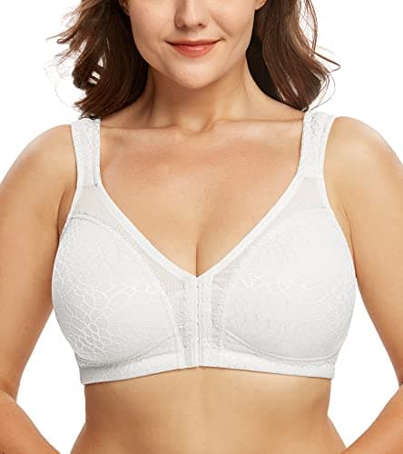 Image of DotVol Women's Full Figure Front Closure Wirefree Jacquard Back Support Posture Bra(White,38DD)