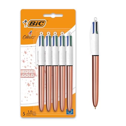 Image of BIC 4 Colours Rose Gold Pen, Multi Coloured Pens All In One, Retractable Ballpoint Pen, Medium 1.0mm, Green, Blue, Red, Black, 5 Pens Per Pack, 1 Pack