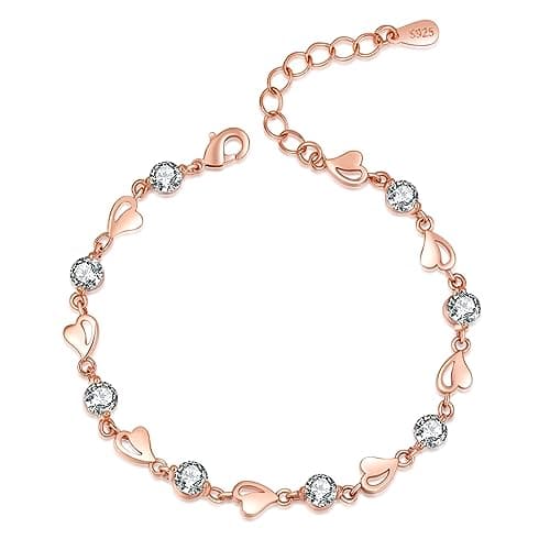 Image of EXGOX 925 Sterling Silver Love Heart Bracelet for Women - Shiny Crystal Diamond Adjustable for Girls, Heart-Pink Gold, 6.5 Inches