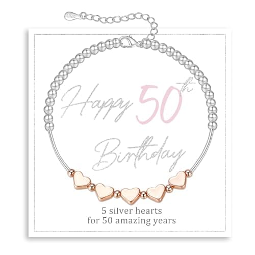 Image of FENNELISA 50th Birthday Gifts for Women,Sterling Silver Heart Bracelet for Women Thoughtful 50th Birthday Gifts Ideas with Cards for Mum Daughter Ladies Sister Wife