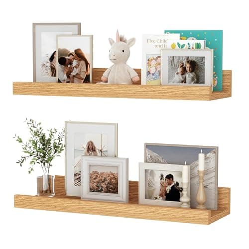 Image of Floating Shelves Set of 2, 40cm Natural Oak Floating Shelves Wood Wall Mounted Shelf Picture Ledge Shelf Kids Bookshelf for Living Room Kitchen Bedroom Bathroom Photo Home Organization & Wall Decor
