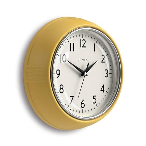 Image of Jones Clocks® Ketchup wall clock | Round retro diner clock | 25cm | Yellow | Ideal for the kitchen, living room, office or bedroom | Easy to read numbers