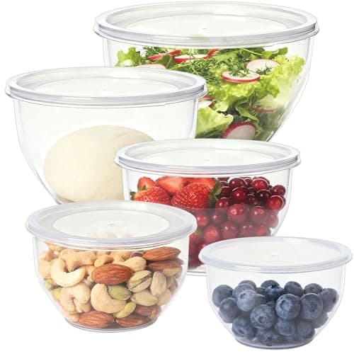 Image of Greentainer Plastic Mixing Bowls Set with Lids, Nesting Bowls for Prepping, Serving, Cooking & Baking, Large Mixing Salad Bowl for Kitchen Storage, Dishwasher & Microwave Safe, Set of 5 (Clear)