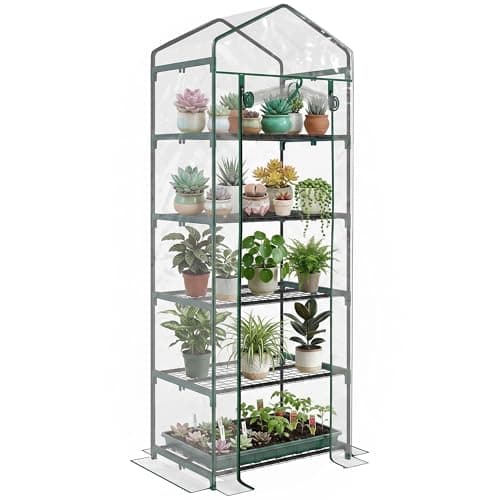 Image of Outsunny 5 Tier Mini Greenhouse, Portable Greenhouse with Reinforced Plastic Cover, Garden Grow House with Roll Up Door and Shelves, 69 x 49 x 193cm, Green