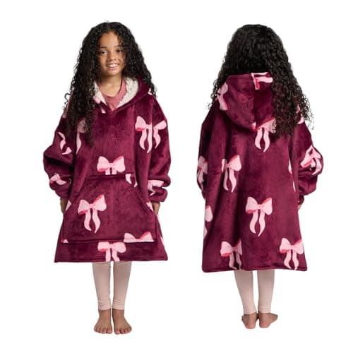 Image of OHS Bow Print Oversized Blanket Hoodie for Teen Girls Hooded Blanket Super Soft Warm Sherpa Fleece Throw Wearable Blankets Sweatshirt Big Pocket Oversized Hoodie, Burgundy/Pink