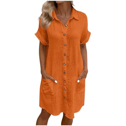 Image of Yolimok Summer Shirts Dresses for Women UK Oversized Cotton Linen Baggy Tunic Shirt Mini Dress Button Up V Neck Plain Sundress with Pockets Beach Lounge Lightweight Holiday Essentials Dresses Orange