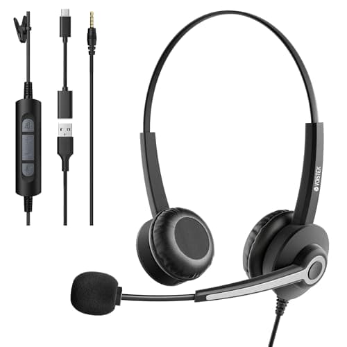 Image of Voistek USB Headset with Microphone for Laptop,PC Headphones with 3.5mm Plug,Detachable USB-A Cable & Type-C Adapter,Noise Cancelling Mic,In-Line Volume Control,Mute Button for Teams Zoom,Home Office