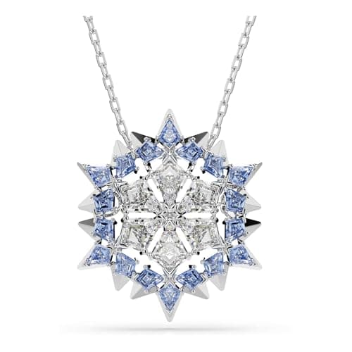 Image of Swarovski Magic Pendant Necklace/Brooch, Snowflake Motif with Blue and Clear Kite-Cut Crystals in a Rhodium-Finished Setting, Part of the Magic Collection