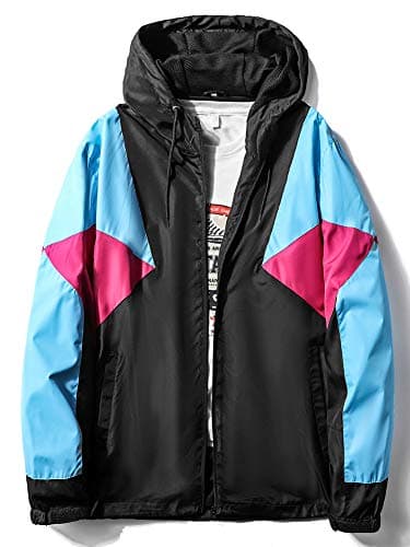 Image of MADHERO Mens Windbreaker Jacket Lightweight 90s Retro Wind Breakers, D Black Blue Rose Red, L
