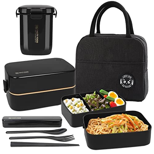 Image of UHAPEER 2 Tier Lunch Box Bento Box with Lunch Bag Cutlery, Bento Lunch Boxes with Adjustable Compartments for Adults and Kids, Portable Leakproof Food Container Lunchbox for Work and School, Black