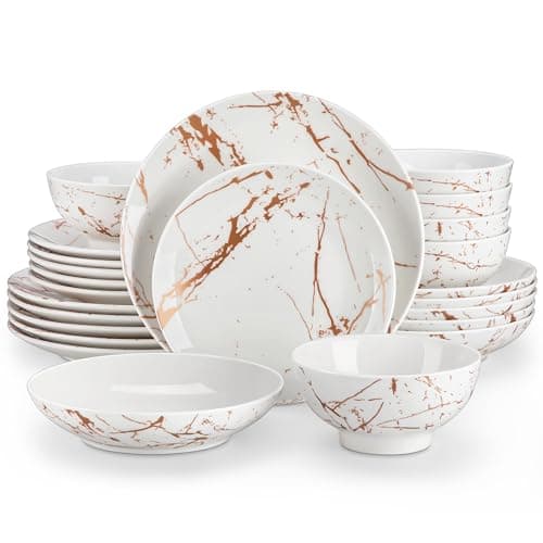 Image of LOVECASA Plates and Bowls Set, Daphne Dinner Service for 6, 24 Piece Reactive Glaze Kitchen Dinnerware Sets, Elegant Stoneware Included Plates and Bowls,Dishwasher and Microwave Safe, White and Gold