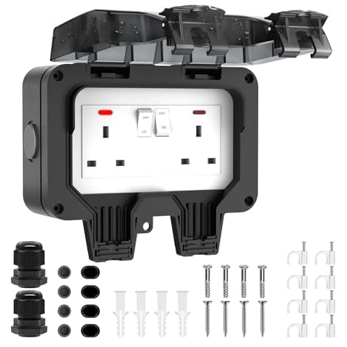 Image of Outdoor Socket Waterproof IP66 Outside Double Plug Socket Weatherproof Wall Electrical Outlet 13Amp 2 Gang Storm Switched Power Box External Plug Extension with Lockable Cover