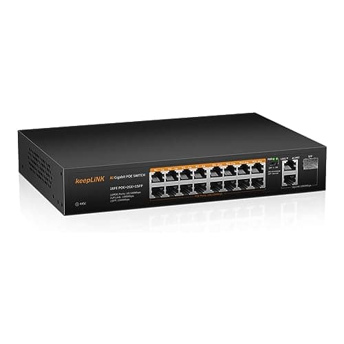 Image of keepLiNK 18 Port PoE Switch, 16 x 100Mbps PoE+ Ports & 2 Gigabit Uplink Ports & 1 Gigabit SFP Slot, 240W Built-in Power 802.3af/at, Metal Casing Fanless, Plug and Play Unmanaged