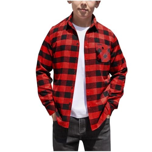 Image of duxyoz Kids Boys Plaid Button Down Shirts Casual Long Sleeve Preppy School Jacket Checked Lapel Collar Formal Shirt Jackets Red 8-9 Years