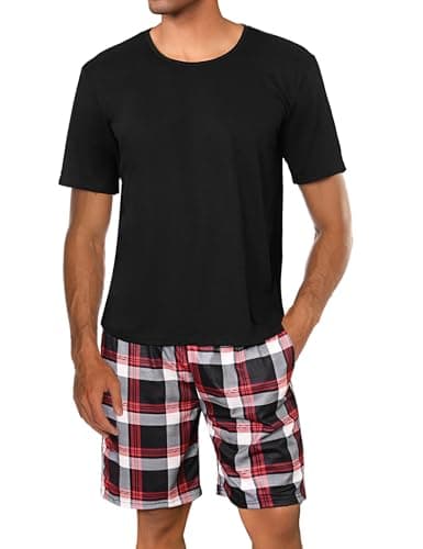 Image of Uniexcosm Mens Short Pyjamas Set Classic Plaid Sleepwear T-Shirt Top with Shorts Bottoms Cotton Pjs Set Loungewear Summer A-Black M