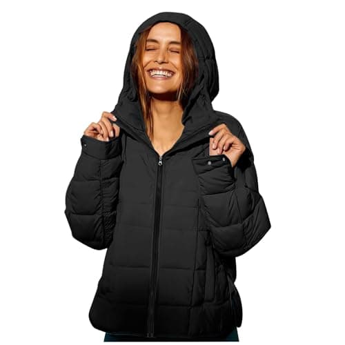 Image of Saxrel Ladies UK Puffer Winter Coat Black Women's Curved Hem Jacket Outerwear Zipper Thickened Quilted Padded Jacket Overcoat Button Hooded Outdoor Sports Hiking