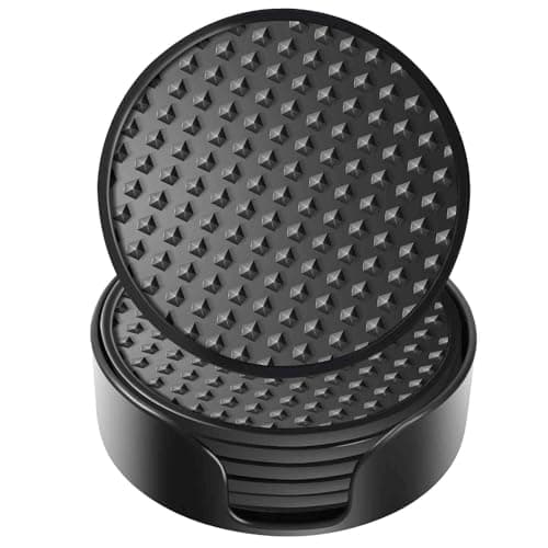 Image of Silicone Coasters 6 Pack with Holder, Drink Coasters Set for Hot & Cold at Bar, Desk, Tabletop-Protection, Round Cup Mat Non-Slip for Any Cups, Thickened Non-stick Deep Tray Coffee Table Decor,Black