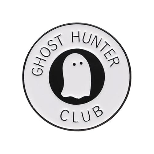 Image of Ghost Hunter Club Enamel Pin Cartoon White Ghost Brooch Badge Round Button Lapel Pin Personalized Letter Alloy Brooch Halloween Cute Decoration Anime Fans Jewelry Gifts Jacket Hat Shirt Canvas Bag