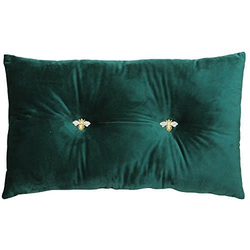 Image of Bumble Rectangular Bee Scatter Cushion - Emerald Green - Faux Velvet Look and Feel - Jewelled Metal Bee Buttons - Polyfilled - 100% Polyester - 30 x 50cm (12" x 20" inches) - Made by Riva Paoletti