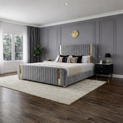 Image of Dreamscape Beds Dakta Ottoman Storage Bed Frame Plush Velvet With Headboard, Lift-Up Storage, Strong Slats, Modern Panel Design - 5ft King Size Bed Only - Grey With Storage Ottoman GasLift