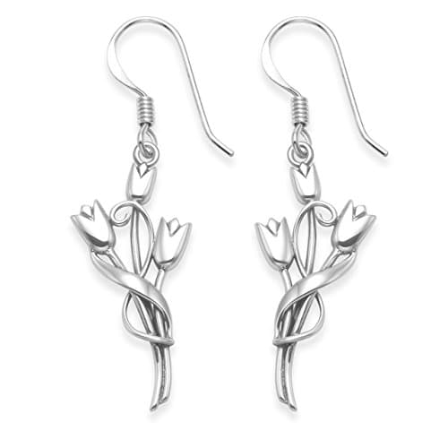 Image of Sterling Silver Rennie Mackintosh Earrings - Three Tulips Drop Earrings - Size: 13mm x 25mm (40mm Including Earring Wire). Gift Boxed. 6107/B54HN.