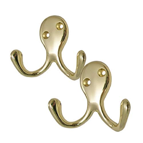 Image of 2 Pack of Brass Double Coat Hooks Door & Wall Robe Dress Garment Hangers