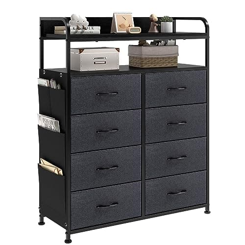Image of Mintnook Chest of Drawers Bedroom, Large Bedroom Dresser Storage Unit, 8 Fabric Drawers with Handles, 4 Side Pockets, 2-Layer Wooden Shelves, Metal Frame, Black