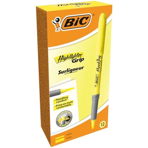 Image of BIC Highlighter Grip Pens - Yellow, Box of 12