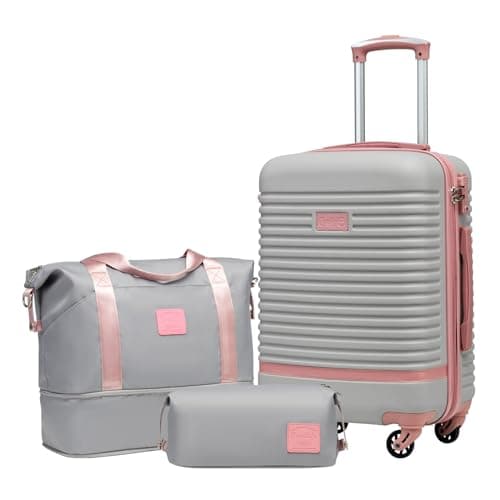 Image of COOLIFE Suitcase Set 3PC - 20" Lightweight ABS Hard Shell Luggage + Travel Bag， Small Suitcase with 360° Wheels, TSA Locks for Family Travel, Cruise & Long Trips Grey/Pink