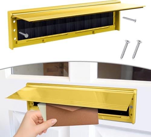 Image of Door Letter Box Flap, 11.5’’ Letter Box Cover with Brush & Flap for Internal or External, Metal Letterbox Draught Excluder Suitable for UPVC Composite Wooden Doors, Gold